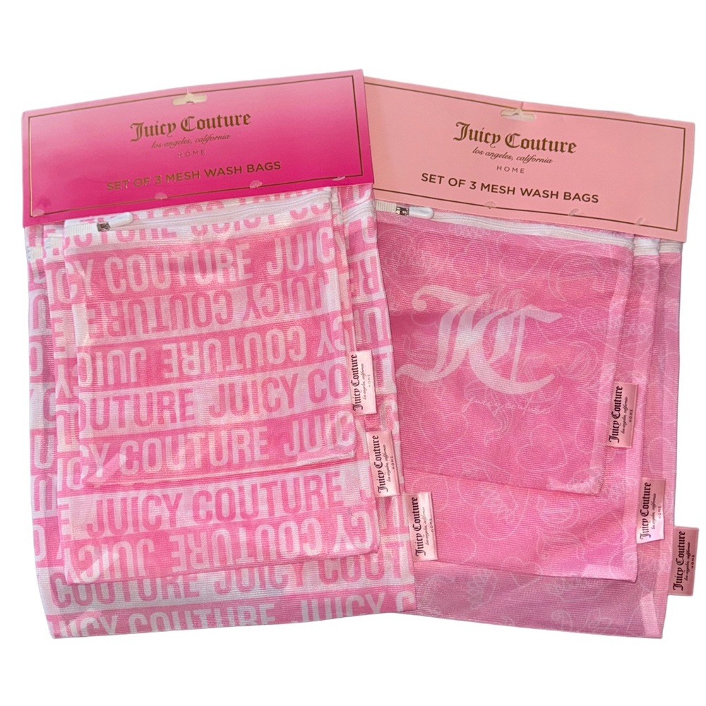 Juicy Couture Home Set of 6 Coral Pink Logo Mesh Wash Laundry Travel Bags